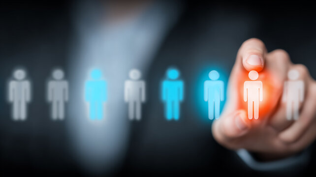 A hand selecting a person icon from a group represents candidate recruitment talent selection and workforce decision making.
