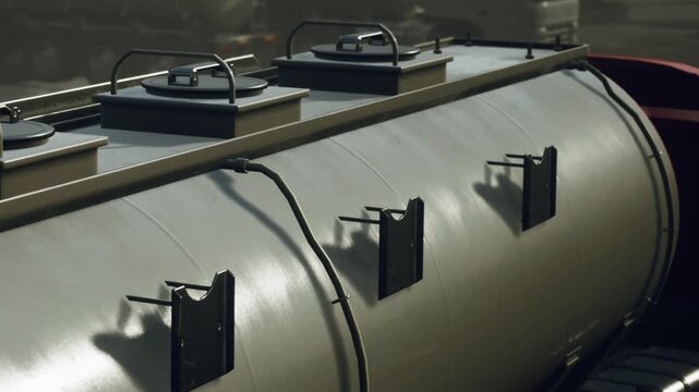 A large container sits in an industrial area with two lids on top. Pipes connect to the container. The setting shows a busy background with machinery and vehicles.