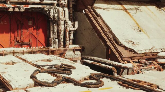 A large metal structure shows signs of wear with rust and dirt. Cables lay across the surface. A red door is visible on one side. The scene suggests ongoing work at a construction site.