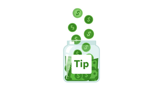 Vector Illustration of a Tip Jar with Green Dollar Bills and Coins Falling Inside, Concept for Gratuity, Donations, and Service Industry Rewards