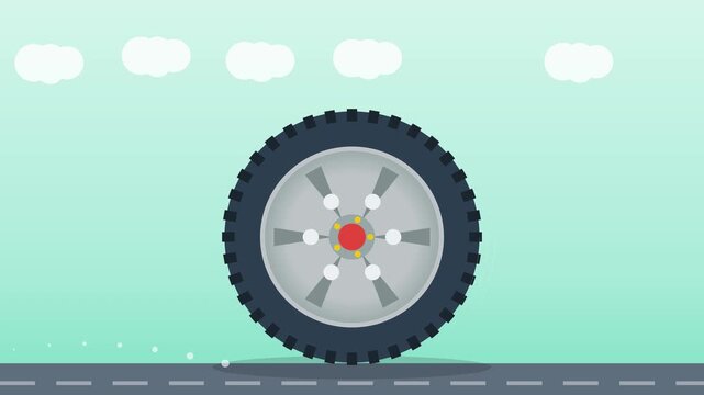 Minimalist Flat Style Car Tire Rotating on Asphalt Road Canvas Animation 60fps 4K 16:9 Aspect Ratio