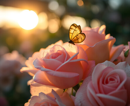 Papillon orange pos&eacute; sur des roses roses en pleine floraison, lumi&egrave;re dor&eacute;e du coucher de soleil cr&eacute;ant une atmosph&egrave;re romantique et naturelle enchanteresse