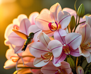 Fototapeta premium Colibri coloré en vol près d'orchidées roses et blanches illuminées par la lumière dorée du coucher de soleil, moment magique dans un jardin tropical exotique