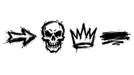 Fototapeta premium Set of hand drawn street art skull and crown symbols isolated on transparent background design
