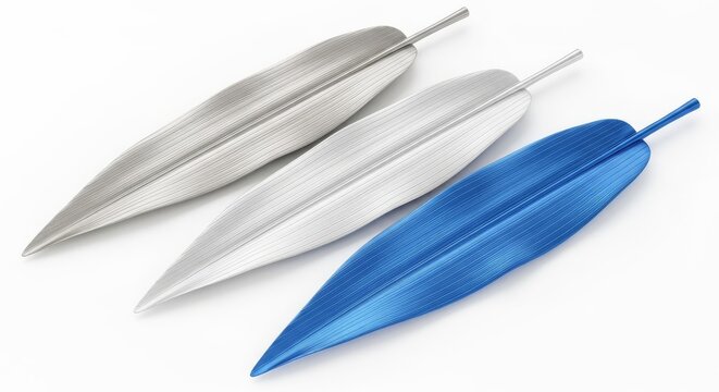 Three elegant bamboo leaves lie horizontally, featuring polished silver, frosted platinum, and chrome blue tones with linear vein patterns, element, metallic, reflection