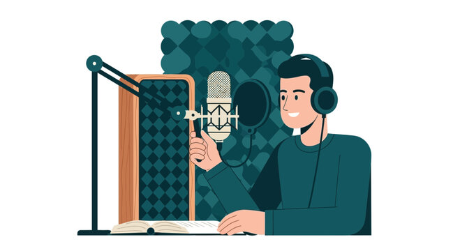 Male Podcaster Recording Audio or Voiceover in Professional Studio with Microphone and Headphones Flat Vector Illustration