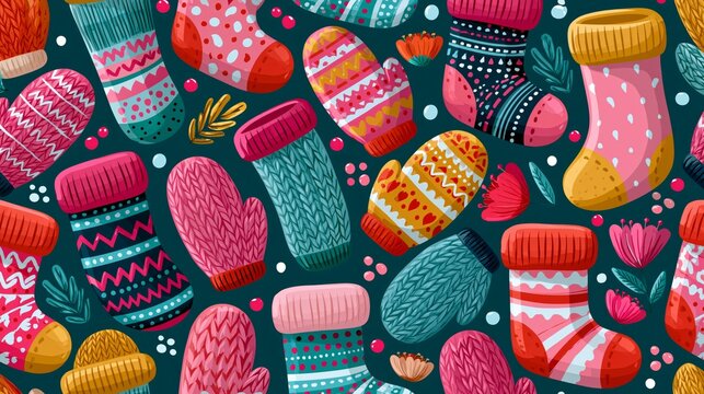 Colorful knitted mittens and socks with festive patterns on a dark background, featuring floral accents and playful textures in vibrant hues.