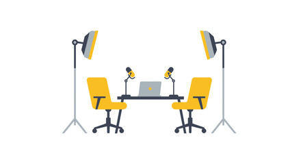 Fototapeta premium Modern Podcast Studio Vector Illustration with Microphones, Chairs, Laptop and Professional Lighting Setup