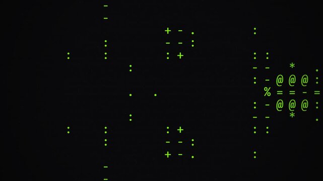 Green ASCII Character Patterns Formed with Mathematical Symbols on a Dark Computer Interface