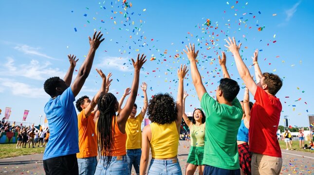 Diverse group of young friends celebrating together outdoors at summer festival, throwing colorful confetti in air with hands raised high against blue sky, expressing pure joy