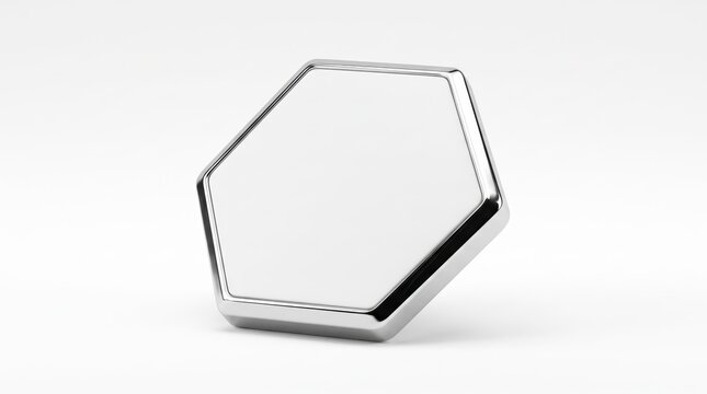 Minimalist silver hexagonal badge or label mockup with metallic chrome frame standing on white surface, clean empty space for logo or text design, illustration suitable