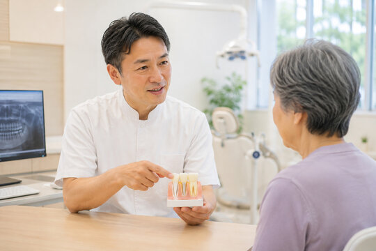 歯科医が模型でインプラント・入れ歯の説明する診察風景