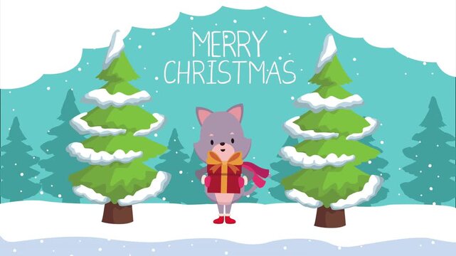 Merry christmas animation featuring cute cat holding gift box in snowy forest landscape with pine trees.