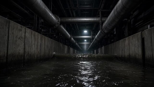 Dark Underground Water Channel With Industrial Lighting and Reflections in Concrete Tunnel