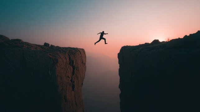 Person jumping across rocky cliff gap