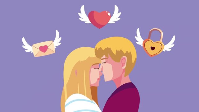 Valentines day animation featuring young couple in love with flying hearts and romantic icons on purple background.