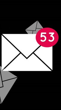 Animation of number of new emails and envelopes floating over black background