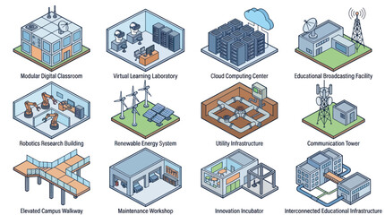 Fototapeta premium Isometric illustrations of various modern technological and architectural infrastructure systems.