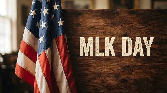 American flag with mlk day text on a distressed brick wall background