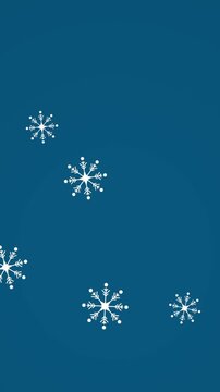 Digital animation of snowflakes icons falling against copy space on blue background