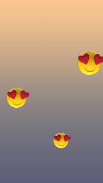 Digital animation of multiple heart eyes face emojis floating against gradient background