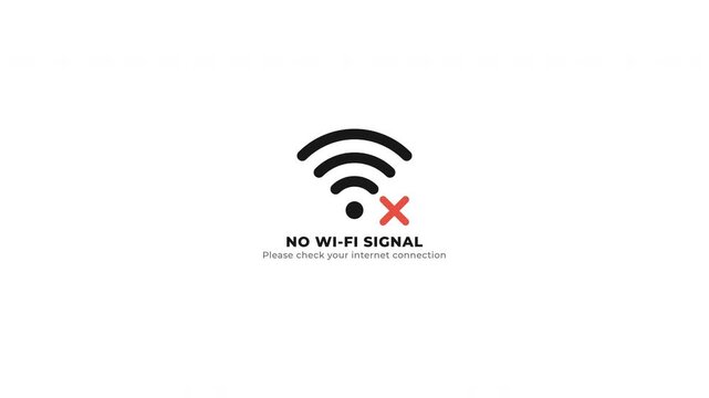 No Wi-Fi signal icon with information text, disconnected internet error, wireless network in 4k on white screen.
