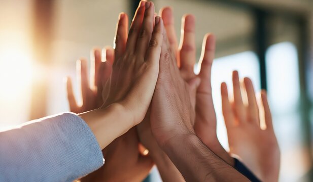 Collaboration and team work of diverse group hands for business success and unity