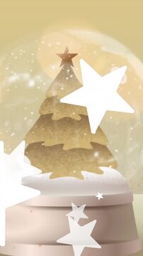 Animation of light spots and stars over snow globe with christmas tree