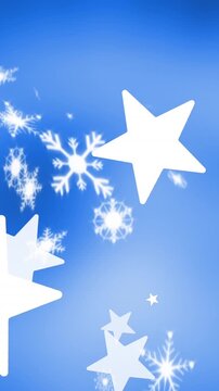 Animation of snowflakes and stars on blue background