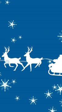 Animation of santa claus in sleigh with reindeer over snow falling on blue background