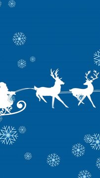 Animation of santa claus in sleigh with reindeer over snow falling on blue background