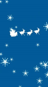 Animation of falling snow over santa claus in sleigh with reindeer
