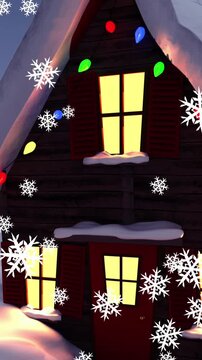 Animation of christmas house with fairy light decorations with snow falling