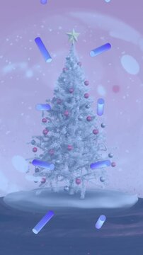 Animation of abstract blue shapes in seamless pattern against christmas tree icon in a snow globe