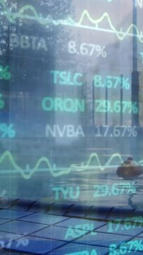 Animation of stock market data processing over woman relaxing in a swimming pool