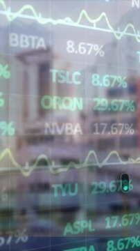Vertical video: Overlay updating on feed, tickers shifting, chart cresting, showing market trends