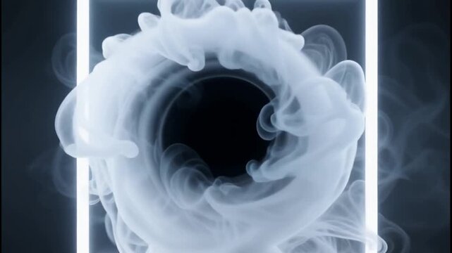 White smoke swirls dynamically within glowing square frame against dark background
