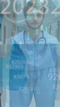 Animation of statistical data processing over team of diverse doctors and health workers at hospital