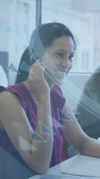 Vertical video: Agent adjusting mic, speaking, laughing on support call, triangles overlaying glass