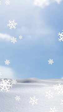 Animation of snow falling over winter landscape and sky