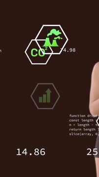 Animation of digital icons and data processing against female athlete holding a shotput ball