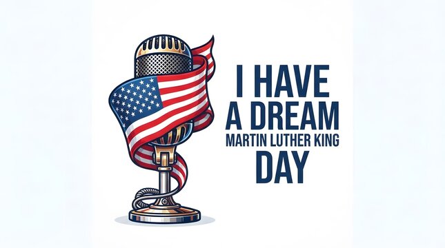 Vintage microphone wrapped in american flag with martin luther king day text