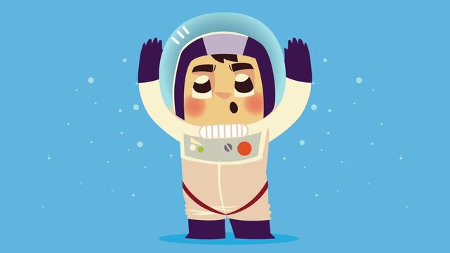Cartoon astronaut character floating in space with raised hands and surprised expression animation.