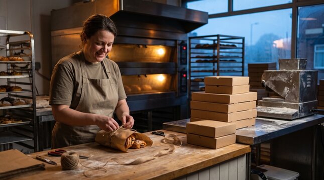 Baker woman tying a package of pastries with twine in a bakery kitchen with ovens and boxes