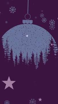 Aniamtion of snow falling over fir trees in christmas baubles