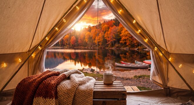 Autumn travel and seasonal relaxation concept featuring a cozy glamping tent interior with a warm blanket and steaming mug overlooking a vibrant lake