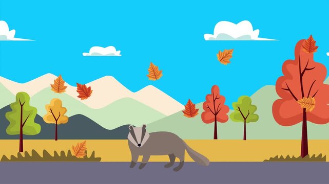 Autumn landscape animation with cute badger standing in forest under falling leaves and blue sky.
