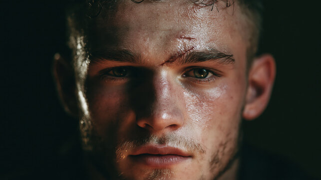 A close-up, intense portrait of a young man's face, showing a scar on his forehead and sweat on his skin. His eyes look directly at the camera, conveying determination and grit AI generative