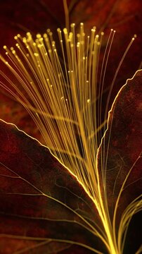 Luminous Golden Fibers on Dark Red Leaf Generative AI