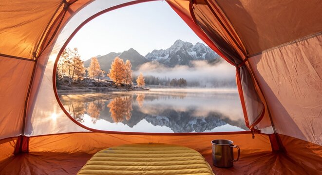 Adventure travel and wilderness camping concept showing a peaceful morning view from inside an orange tent looking out at a calm alpine lake and autumn mountains